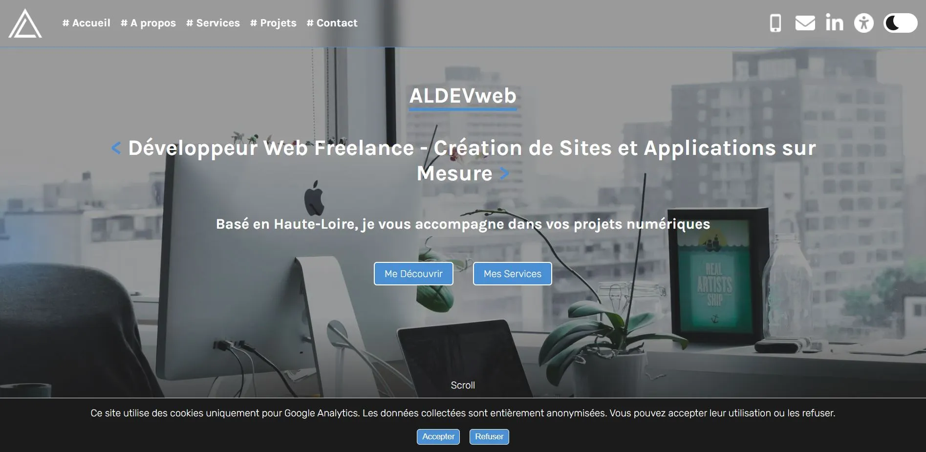 Capture d'écran de la page d'accueil du portfolio de ALDEVweb