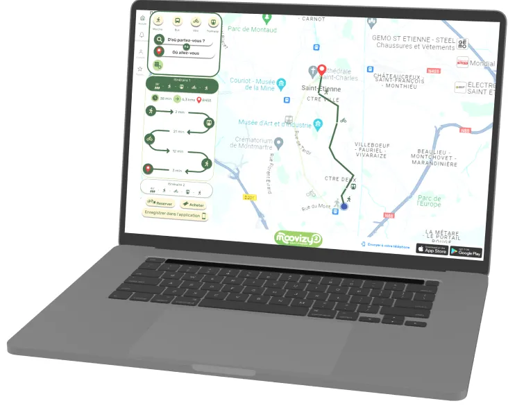 pc portable avec l'application moovizy affiché