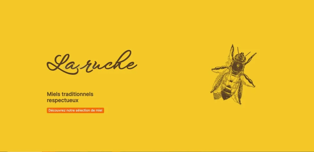 capture d'écran de la page d'accueil du site fictif "La Ruche", avec titre a gauche et logo d'une abeille à droite